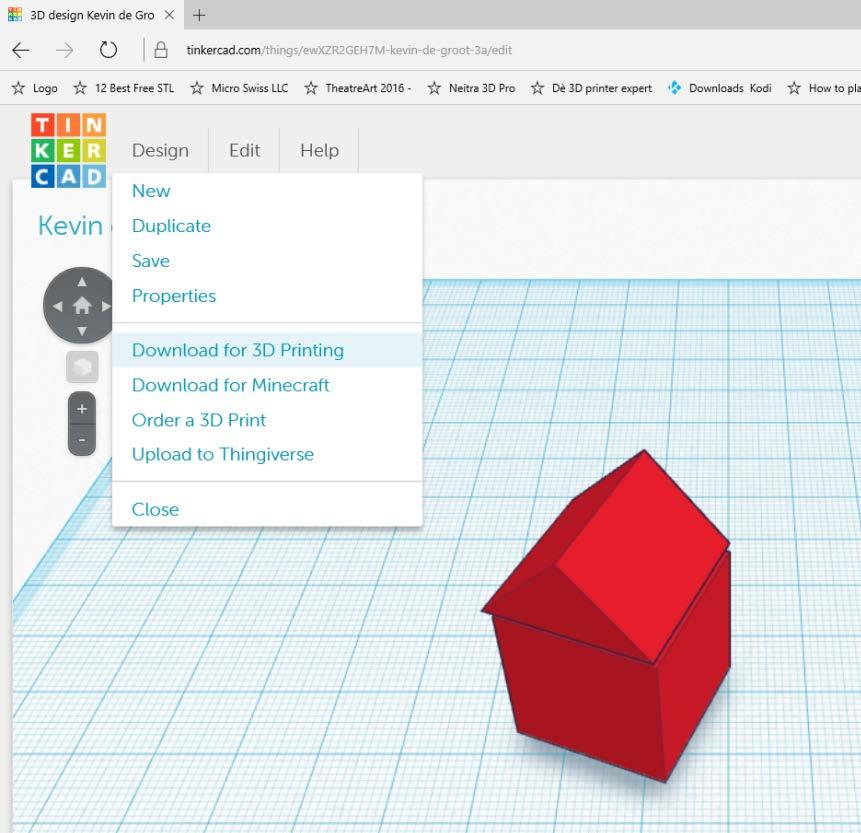 11 Je ontwerp van TinkerCad downloaden. Als je ontwerp klaar is kun je het downloaden vanuit TinkerCad. Dit ontwerp wordt dan door TinkerCad klaargemaakt om uit te printen.