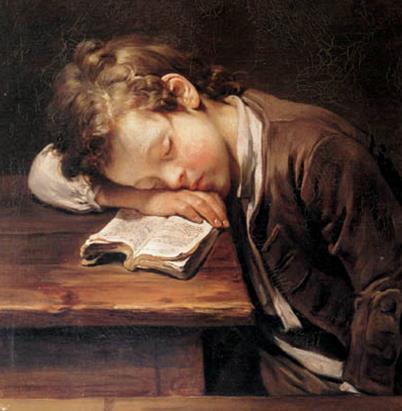 Een schooljongen slapend op zijn boek (1755) Jean-Baptiste Greuze (1725-1805) Het positieve