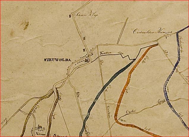 Afbeelding 7. Inpolderingsdijken ten zuiden van Nieuwolda. 13 De bruingrijze dijk ten westen van Nieuwolda is gereedgekomen in 1597 en de blauwe dijk ten oosten van Nieuwolda is gereedgekomen in 1626.