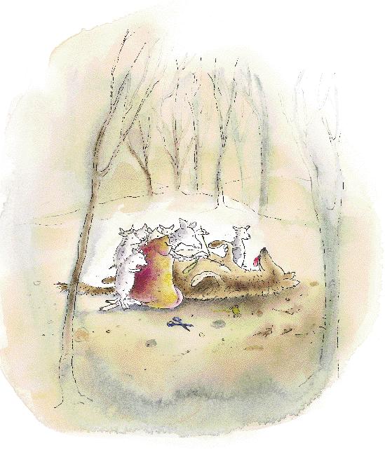 mee. In de wei zagen ze de wolf onder een boom liggen. Hij snurkte zó hard dat de takken ervan trilden. De geit bekeek hem van alle kanten en zag dat er in zijn buik iets bewoog.