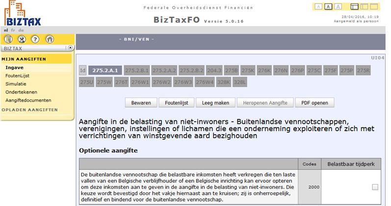 [1] INGAVE VAN DE AANGIFTE - BNI/VEN Tabblad 275.2.A.1 of 275.2.A.2 Enkel bij Belastingen Niet Inwoners [1] Opgelet: Deze twee tabbladen mogen niet gecombineerd worden. Het tabblad 275.2.A.1 of 275.2.A.2 bevat alle invulvakken van het aangifteformulier.