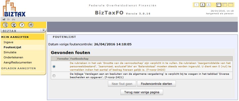 [2] FOUTENLIJST VAN DE AANGIFTE [2] Na het starten van de foutencontrole krijgt u het resultaat.