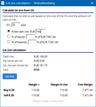 De calculator verschaft informatie over de margevereisten van je nieuwe order wanneer je met ctrl+muisklik in het lot veld klikt. 2.3.