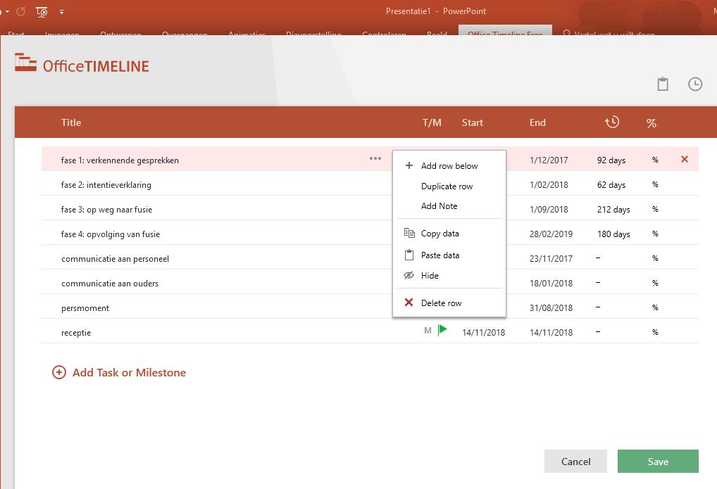 Onderaan rechts zie je steeds een voorbeeld van de tijdlijn na bewerken of toevoegen van een taak of milestone.