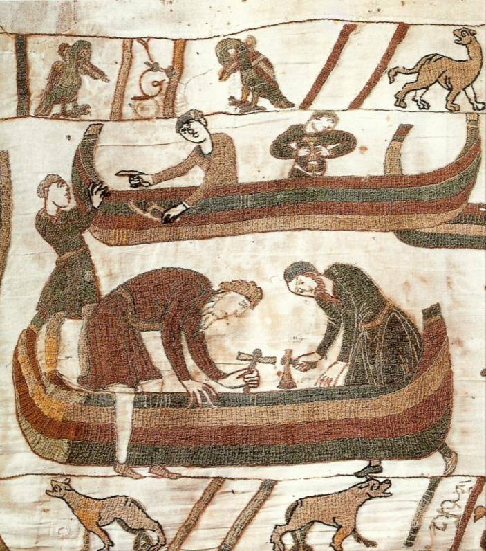 De bouw van een vloot. Detail uit het tapijt van Bayeux. Einde 11 de eeuw.