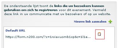 BEZOEKERSLINK Uw persoonlijke registratielink voor bezoekers In het tabblad Registraties vindt u uw bezoekerslink (default URL). Met het icoontje achter de link kan u de URL kopiëren.