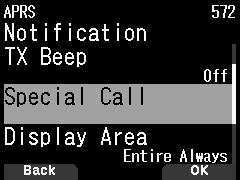APRS TX Signalton Wenn Ihr Peilsignal auf andere Weise als manuell gesendet wird, können Sie festlegen, ob dabei ein Signalton erzeugt werden soll. 1 Rufen Sie das Menü Nr. 571 auf.