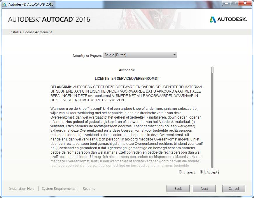 3 Installatie van AutoCAD 1 Ga akkoord met de licentievoorwaarden(afhankelijk van hoe de registratie/downloaden verloopt kan dit venster ook later, bij de installatie,