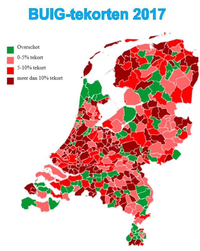 Daarbij is sprake van grote verschillen tussen individuele gemeenten en regio s, zoals op de landkaart met overschot- en tekortgemeenten in 2017 is te zien (bron: voorlopige realisaties 2017).