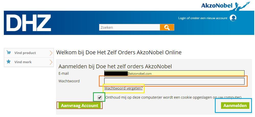 Voor het inloggen vult u uw email en wachtwoord in (zie oranje balk).