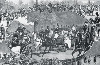 42 De paardenrennen en de terugkeer door het Bos, volgens A. Clarys, L Illustration belge, 22 mei 1881. Vanuit de Louizalaan met kinderen naar het Bos komen, soms in een rijtuigje.