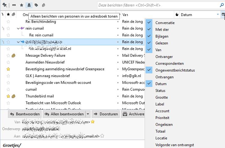 een filter geautomatiseerd worden (zie de laatste alinea van 4.2.1). Daarnaast heeft Thunderbird standaard nog een archieffunctie per account. 4.2.1 Berichtenlijst Alle berichten worden, geordend in kolommen, getoond in een berichtenlijst.
