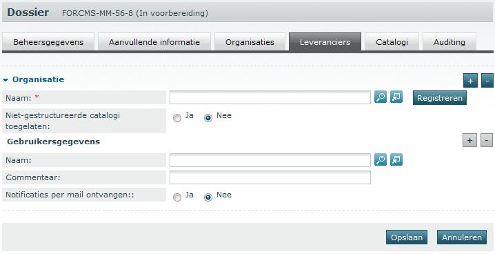 3.4.2 Een onderneming associëren Ga terug naar het dossier via de optie Dossiers in het hoofdmenu. Open het tabblad Leveranciers Klik op Organisatie om deze sectie open te klappen.