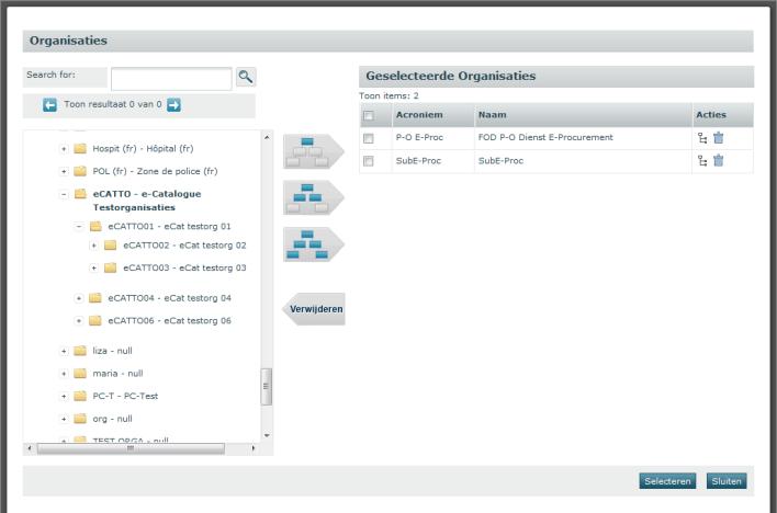 Indien er reeds organisaties geassocieerd zijn met het dossier, zullen deze in de rechterkolom getoond worden. Zoek de gewenste organisaties in de boomstructuur.