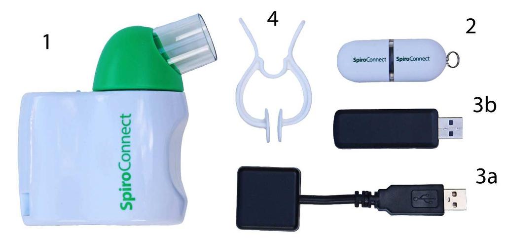 2 Inhoud verpakking 1 SpiroConnect spirometer 2 SpiroConnect Data Manager software op een USB flash drive memory stick 3a