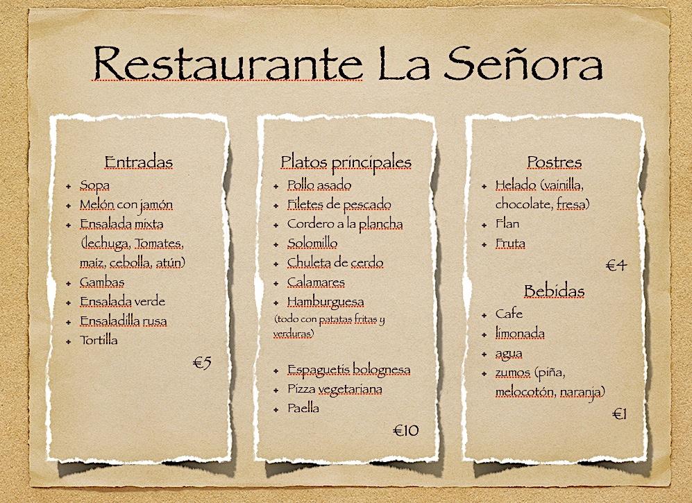 Clase 6 6.1 Mira el menú de un restaurante español. Luego, lee la conversación: Fuente: www.clubdeespanol.com Cliente A Cliente B 2.