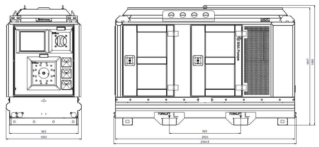 OMKASTING M10-25 BBA geluidgedempte omkasting Type... M10-25 Afmetingen L x B x H... 2500 x 1050 x 1680 mm Basisframe... Vuurverzinkt Deuren... 4 afsluitbare kunststof deuren Koppaneel.