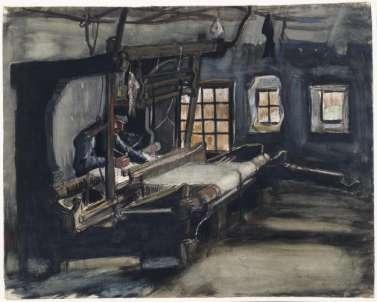 Wever, interieur met drie raampjes [JH 503], juni 1884 kleuren Hoewel Vincent veel sympathie en medelijden heeft met deze harde werkers in hun donkere wevershutten - je zou kunnen spreken van een