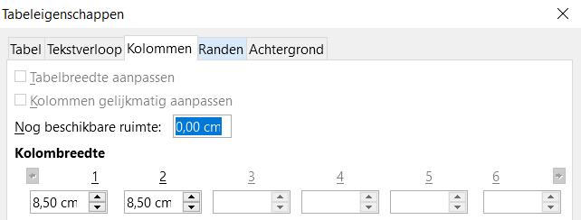Afbeelding 10: Definiëren van een tabel met twee kolommen om uit te lijnen met tekst die is ingesteld met een marge van 8,5 cm 4.
