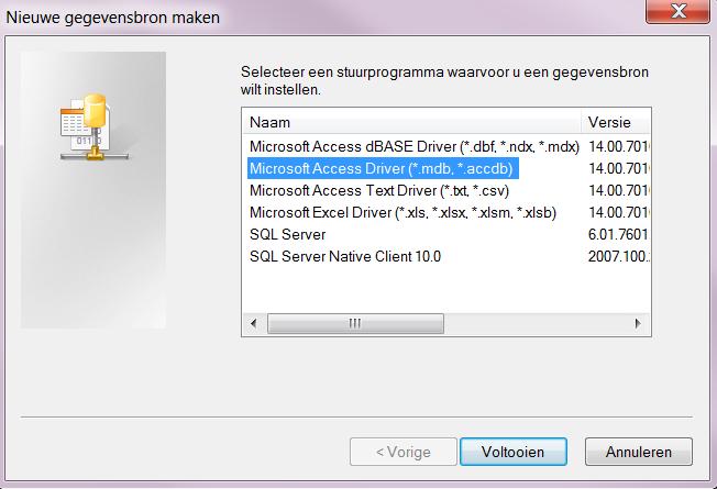 Selecteer een Microsoft Access Driver(*.mdb, *.