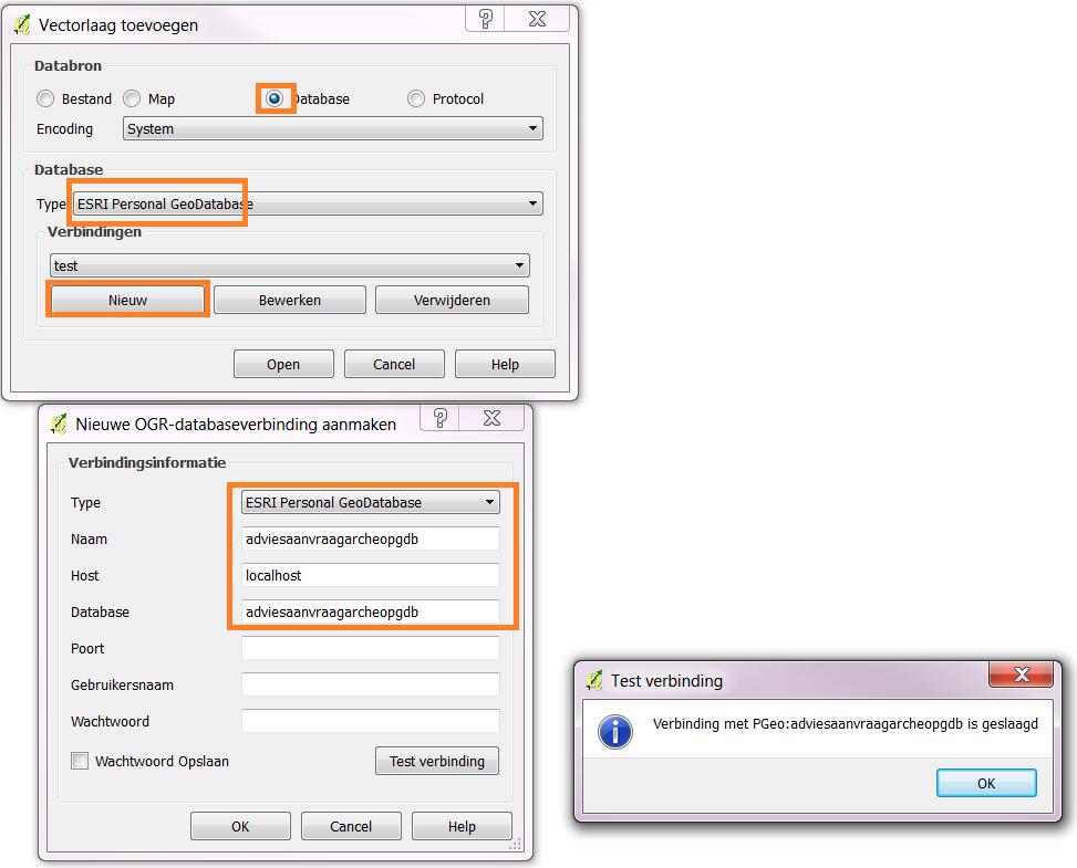 Vul de volgende parameters in: Type: Esri Personal Geodatabase Naam: vul de juiste naam va je pgdb