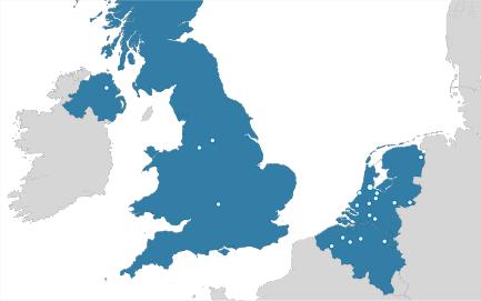 FIGUUR 3: De 21 collectieven uit België, Nederland en het Verenigd Koninkrijk op de kaart In de 21 case studies wordt een breed palet aan typen interventies beschreven.