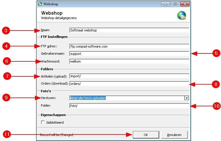 3. Geef de naam van de webshop in 4. Geef in het invoervak ftp adres het adres van de ftp server van uw webshop 5.