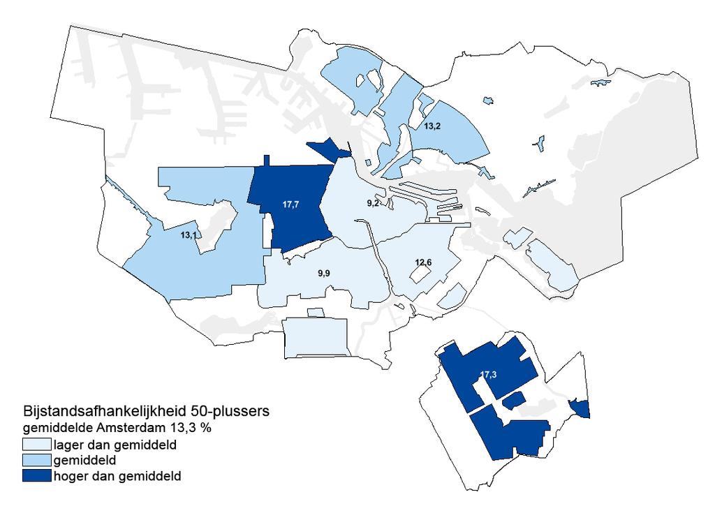 Figuur 2 Bijstandsafhankelijkheid 23-42 jarigen naar stadsdeel, Amsterdam, januari 6317 en 631; (procenten) Bron: WPI, bewerking OIS 1.