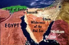 De wildernis van de Rode Zee = huidige Sinai woestijn Rode Zee = Schelfzee = Rietzee Gosen lag bij de landbrug = Eilat Huidige