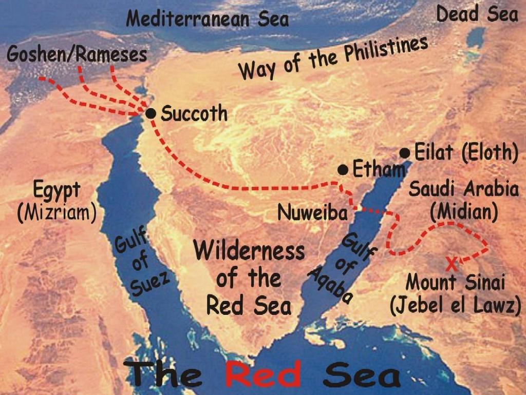 Rode stippel ongeveer juiste route. Doortocht niet de Bittere meren, maar golf van Aqaba!