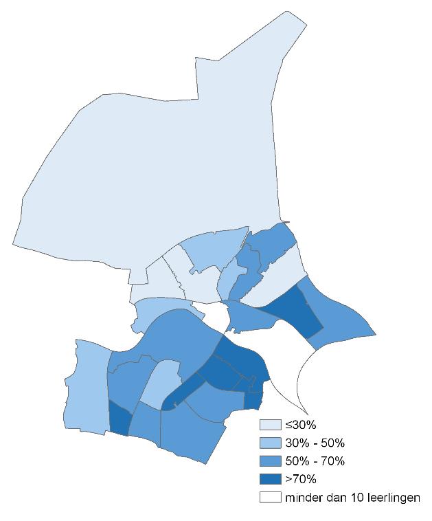 Aandeel vmbo-leerlingen per wijk De verhouding tussen het aantal vmbo-leerlingen en het aantal havo/vwo-leerlingen loopt sterk uiteen tussen de verschillende wijken in Arnhem.
