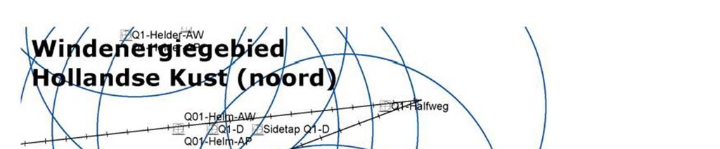 Figuur 6 Ligging van de platforms en de 5 NM helikopter zones rondom windenergiegebied Hollandse Kust (noord) Een HTZ is een obstakelvrije zone van 5 NM 40 rondom een boor- of productieplatform met