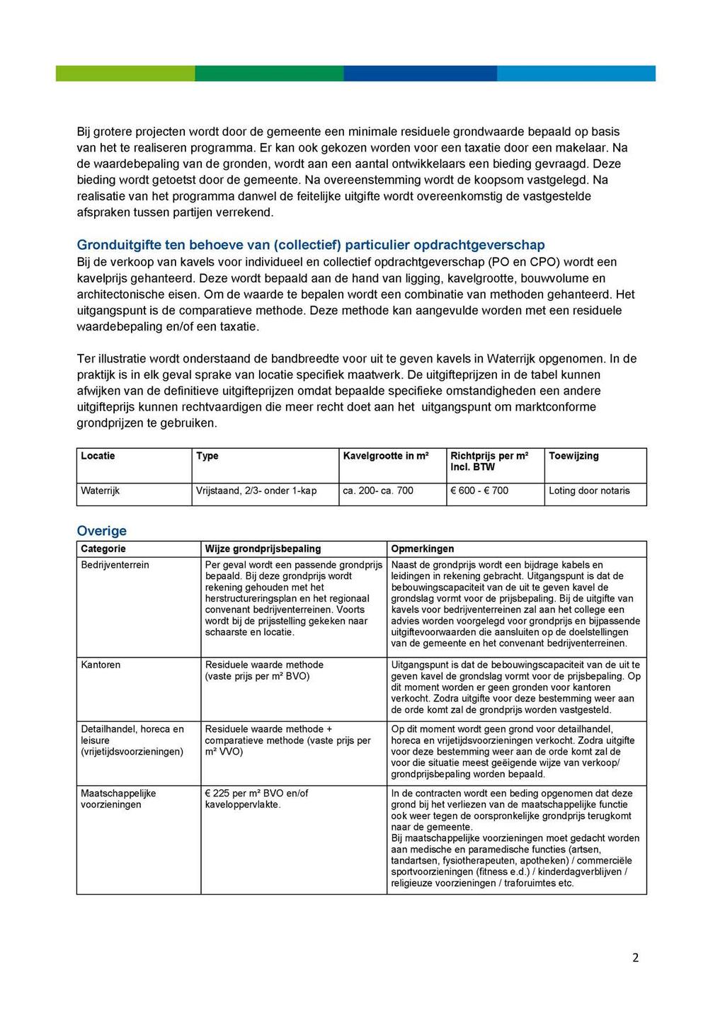 Bij grotere projecten wordt door de gemeente een minimale residuele grondwaarde bepaald op basis van het te realiseren programma. Er kan ook gekozen worden voor een taxatie door een makelaar.