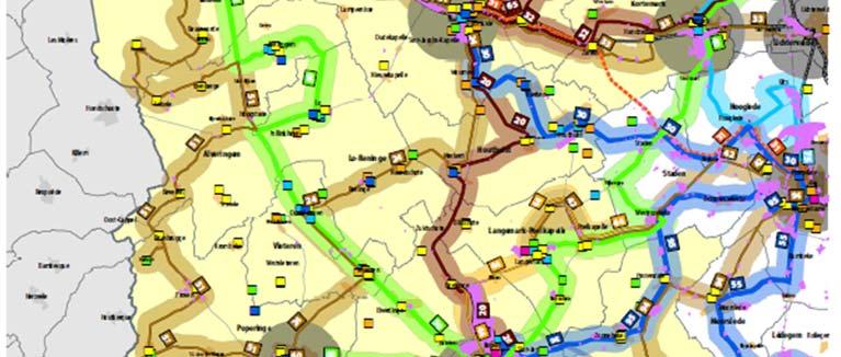 Tot slot kenmerkt de proefregio Westhoek zich als zeer landelijk gebied. De kaart bevat dan ook zeer veel witte vlekken zonder een bediening van geregeld openbaar vervoer.