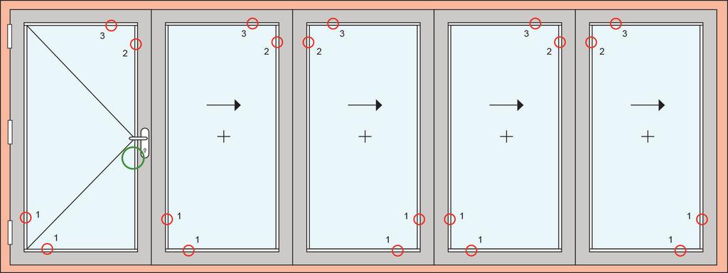 Plaats eventueel aan de onderzijde ter hoogte van het onderste scharnier (1) wat glasvullingen op de glassteunen, zodat het glas op de juiste hoogte in de deur