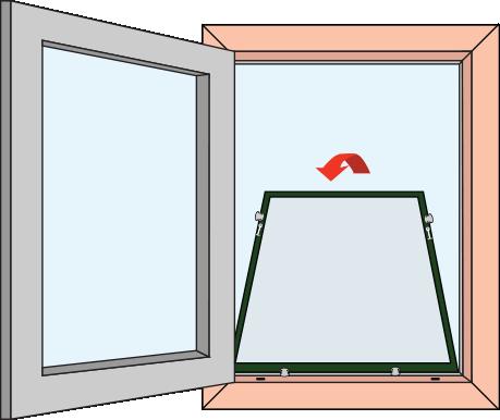 Verwijderen van de inzethor Open het raam, zodat de gehele opening bereikbaar is en duw de inzethor vanaf de bovenzijde lichtjes naar beneden en trek de hor tegelijk naar u toe.