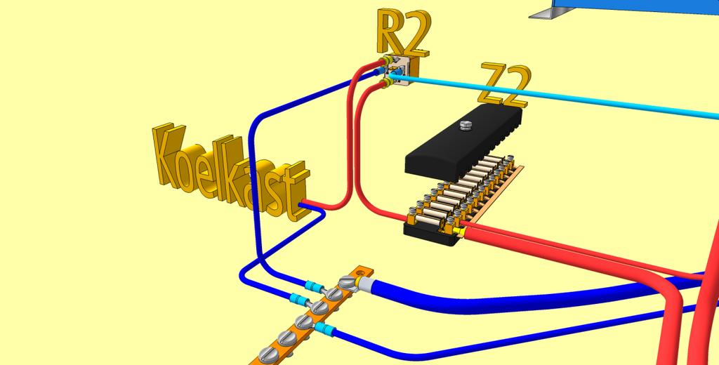 Hoe werkt het Links vind je het relais R2 waarmee we de koelkast gaan schakelen. De voeding (+) komt van het zekeringblok Z2 en gaat door de rode draad naar het relais.
