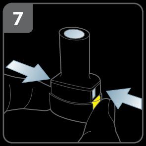 Prik de capsule door: Houd de inhalator rechtop met het mondstuk naar boven gericht. Prik de capsule door, door beide knoppen aan de zijkanten gelijktijdig stevig in te drukken. Doe dit maar één keer.