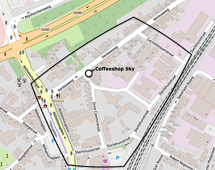 2. GEBIED A: COFFEESHOP SKY EN OMGEVING In dit hoofdstuk bespreken we de belangrijkste resultaten voor gebied A: coffeeshop Sky en omgeving. Allereerst geven we een korte beschrijving van het gebied.