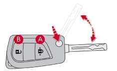 Om de mechanische sleutel voor noodgevallen te gebruiken in het elektronische slot Handenvrije Toegang en Starten, moet u de sluitveer vasthouden (actie ) om de sleutel eruit te trekken (actie ).