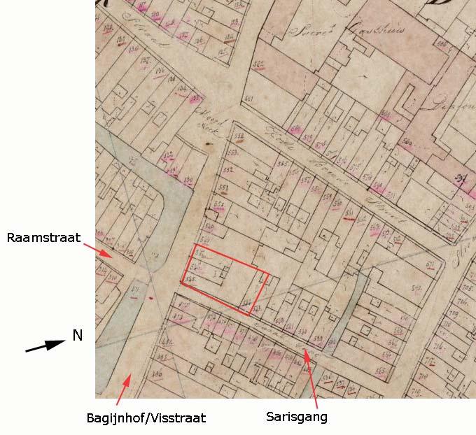 Afb. 4. Het plangebied weergegeven op de kadastrale minuut uit 1881-1832. Vanaf de hoek met de Sarisgang zijn aan de Visstraat/Bagijnhof drie panden weergegeven (kadastrale nrs. 545, 546 en 547).