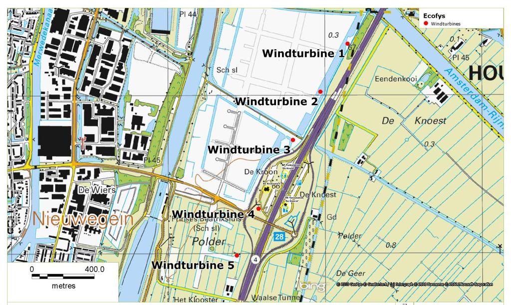 Figuur 1 Plangebied van de beoogde windturbinelocaties. Windturbine 4 komt nabij het AC restaurant Nieuwegein. De afstand tot het restaurant bedraagt ruim 110 meter.