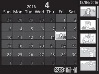 Kalenderweergave Druk, om beelden te bekijken die zijn Datumlijst gemaakt op een geselecteerde datum (kalenderweergave), op de W (Q)-knop wanneer 72 foto s worden weergegeven.