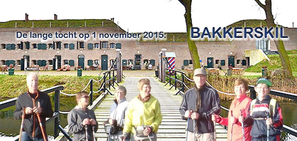 Lange tocht op 1 november naar Fort Bakkerskil Negen wandelaars trekken de stoute loopschoenen aan en vertrekken richting Werkendam. Het weer is fantastisch. Het lijkt wel zomer.