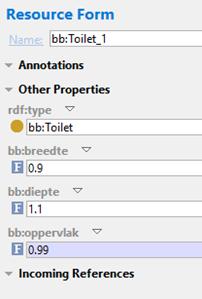 Voorbeeld SHACL/SPARQL /3 Stel er is een toilet gedefinieerd (volgens ons RO-BBL-WS Model ): bb:toilet_1 rdf:type