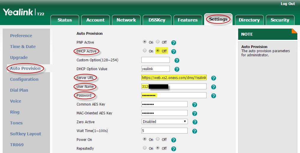 4.2.1 registratiegegevens invoeren Als u bent ingelogd in de web interface klikt u op Settings en daarna Auto Provision, de locatie van de knoppen is in de volgende afbeelding aangegeven.