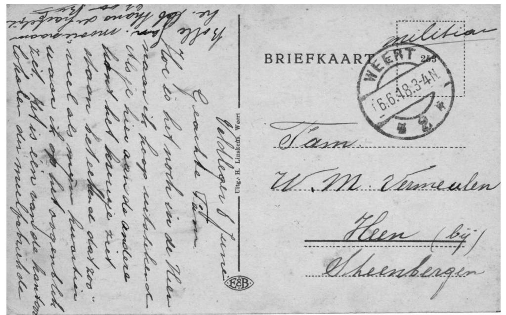 Achterzijde prentbriefkaart, van Weert naar de Heen, 06 juni 1918.