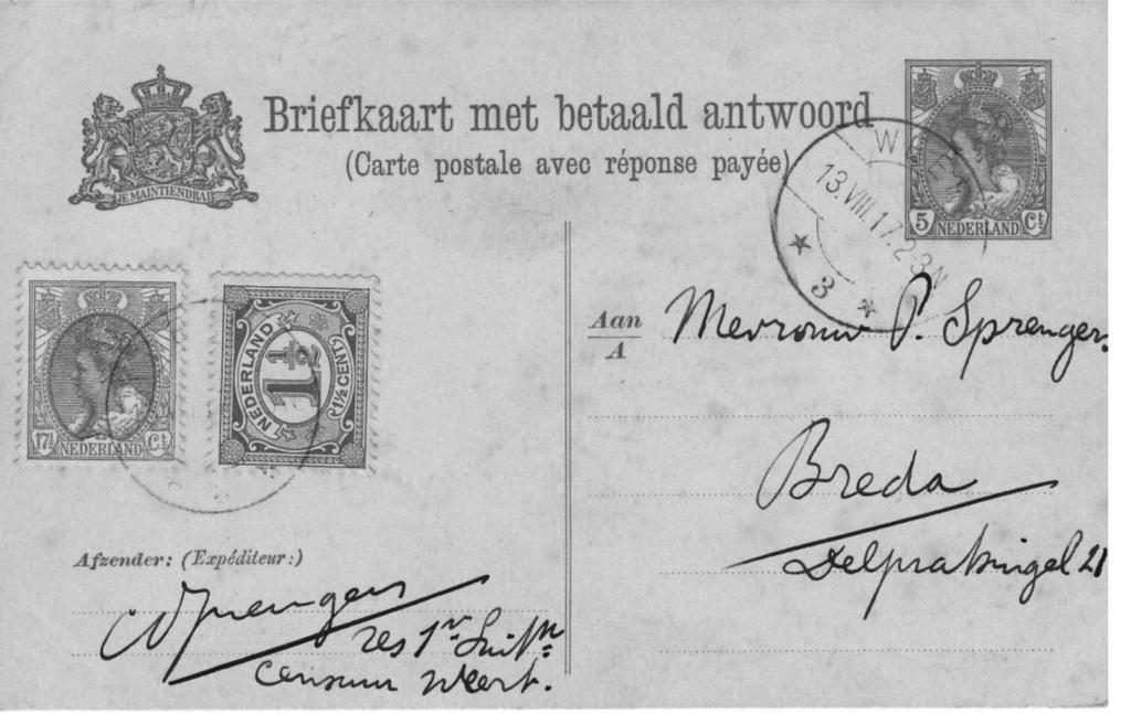met Arabische maandcijfers van Weert nummer 2. Briefkaart met betaald antwoord van Weert naar Breda, 13 augustus 1917.