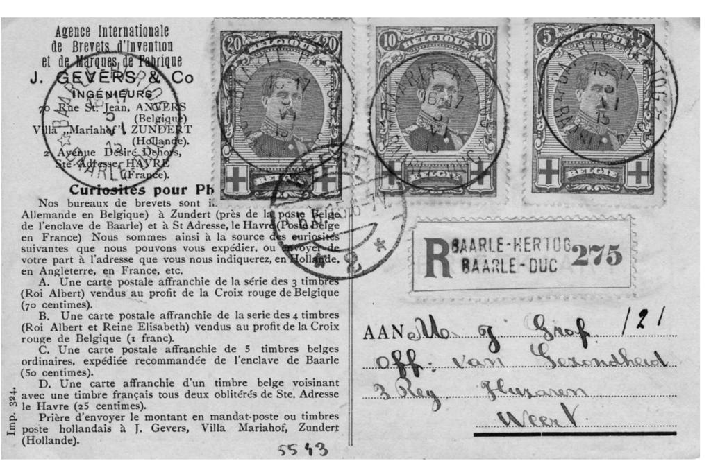 Aangetekende briefkaart van Baarle-Hertog in België naar Weert, 5 juni 1915.