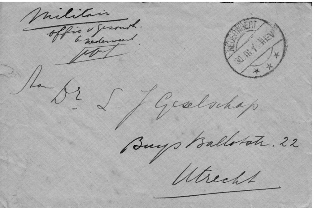 Briefomslag van Nederweert naar Utrecht, 30 maart 1915. De afzender van de brief was J.C.